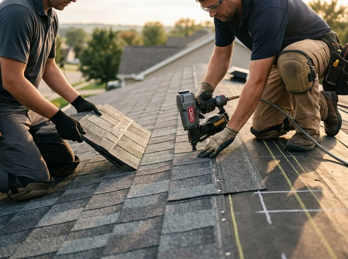 Professional roofer working on a residential roof in Belding